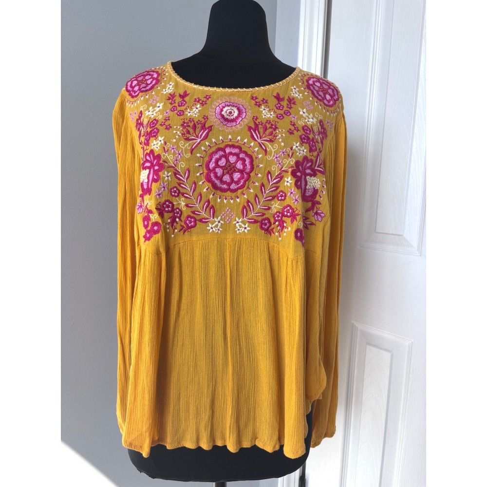 Attard State‎ Embroidered Tunic Top M Mustard Yellow Floral Bohemian Long Sleeve